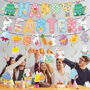 Easter Birthday Party Decorations, Easter Egg Bunny Banner Hanging Swirl Decor